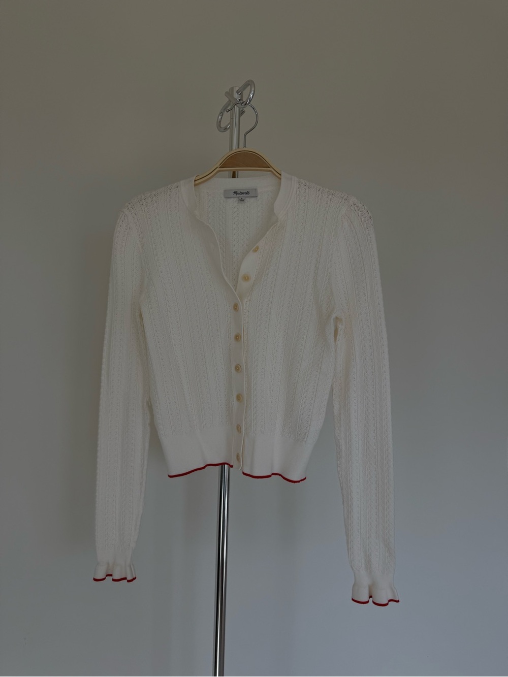 Madewell Cream Knit Button Cardigan with Red Trim